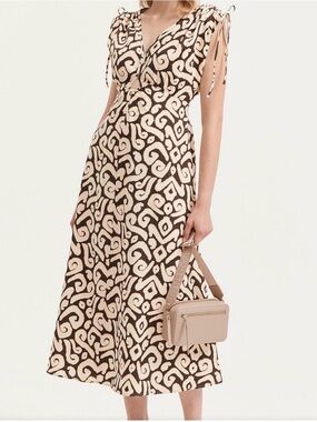 Sincerly Jules Brown & Cream Abstract Printed V-Neck Tie-Shoulder Midi Dress